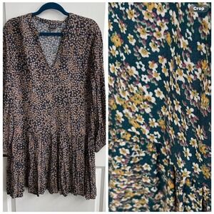 Gap Floral Babydoll Dress Womens XL Navy Multi Boho Ditsy Long Sleeve Pockets
